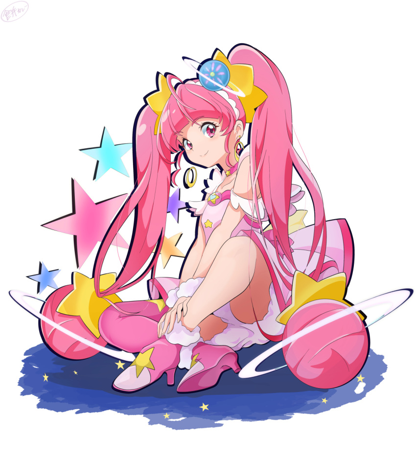 1girl, boots, choker, cure_star, dress, full_body, fur_cuffs, hair_ornament, high_heels, highres, indian_style, long_hair, looking_at_viewer, magical_girl, pink_choker, pink_dress, pink_eyes, pink_hair, pink_thighhighs, planet_hair_ornament, precure, ryouseirui, single_thighhigh, sitting, smile, solo, star_(symbol), star_choker, star_color_pen, star_hair_ornament, star_twinkle_precure, thigh-highs, twintails, very_long_hair, white_background