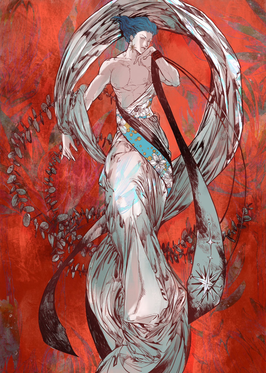 abs, almostghost, armband, blue_hair, dress, earrings, floral_print, hair_slicked_back, hand_on_own_face, highres, hisoka_morow, hunter_x_hunter, jewelry, long_dress, looking_at_viewer, nude, red_armband, red_background, robe, star_(symbol), star_earrings, white_robe
