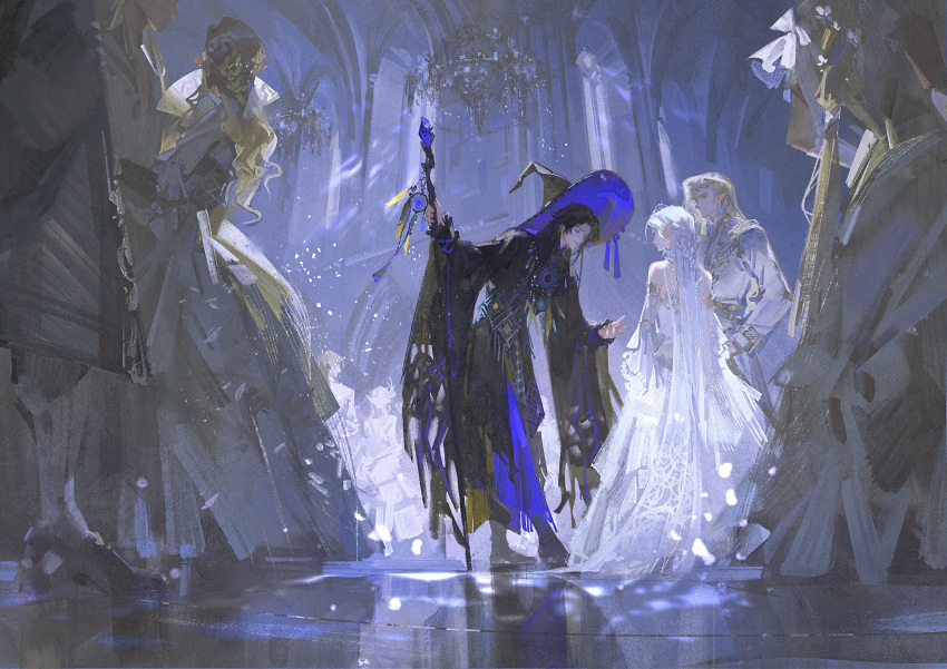 4boys, 4girls, absurdres, androgynous, ballroom, bare_shoulders, belt, black_cloak