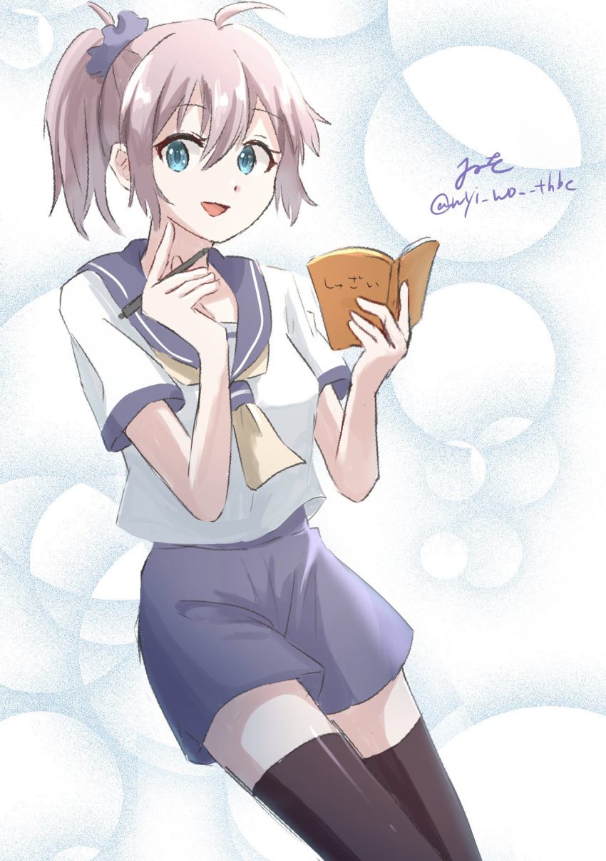 1girl, ahoge, aoba_(kancolle), black_thighhighs, blue_eyes, blue_scrunchie, cowboy_shot, dated, hair_ornament, hair_scrunchie, highres, kantai_collection, looking_at_viewer, messy_hair, neckerchief, notebook, one-hour_drawing_challenge, pen, ponytail, purple_hair, purple_sailor_collar, purple_shorts, sailor_collar, sailor_shirt, school_uniform, scrunchie, serafuku, shirt, shorts, signature, solo, thigh-highs, white_background, white_shirt, wiwo, yellow_neckerchief