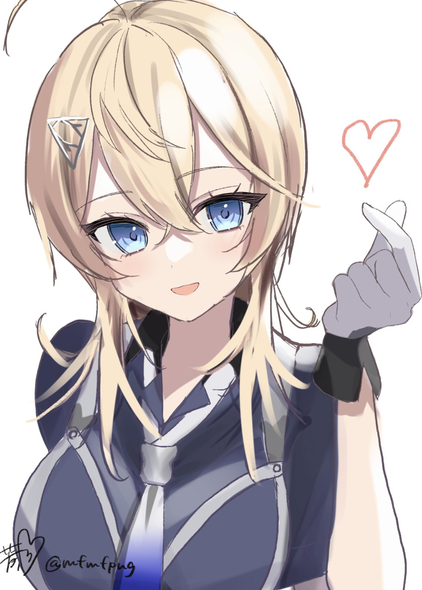 1girl, ahoge, artist_name, blonde_hair, blue_eyes, blue_neckerchief, blue_shirt, breasts