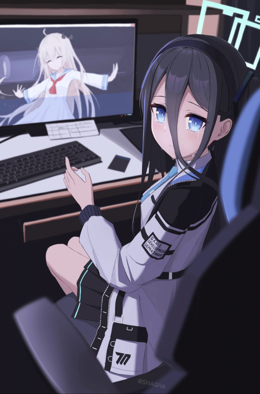 2girls, ^_^, absurdly_long_hair, absurdres, ahoge, aris_(blue_archive), atri, atri-my_dear_moments-