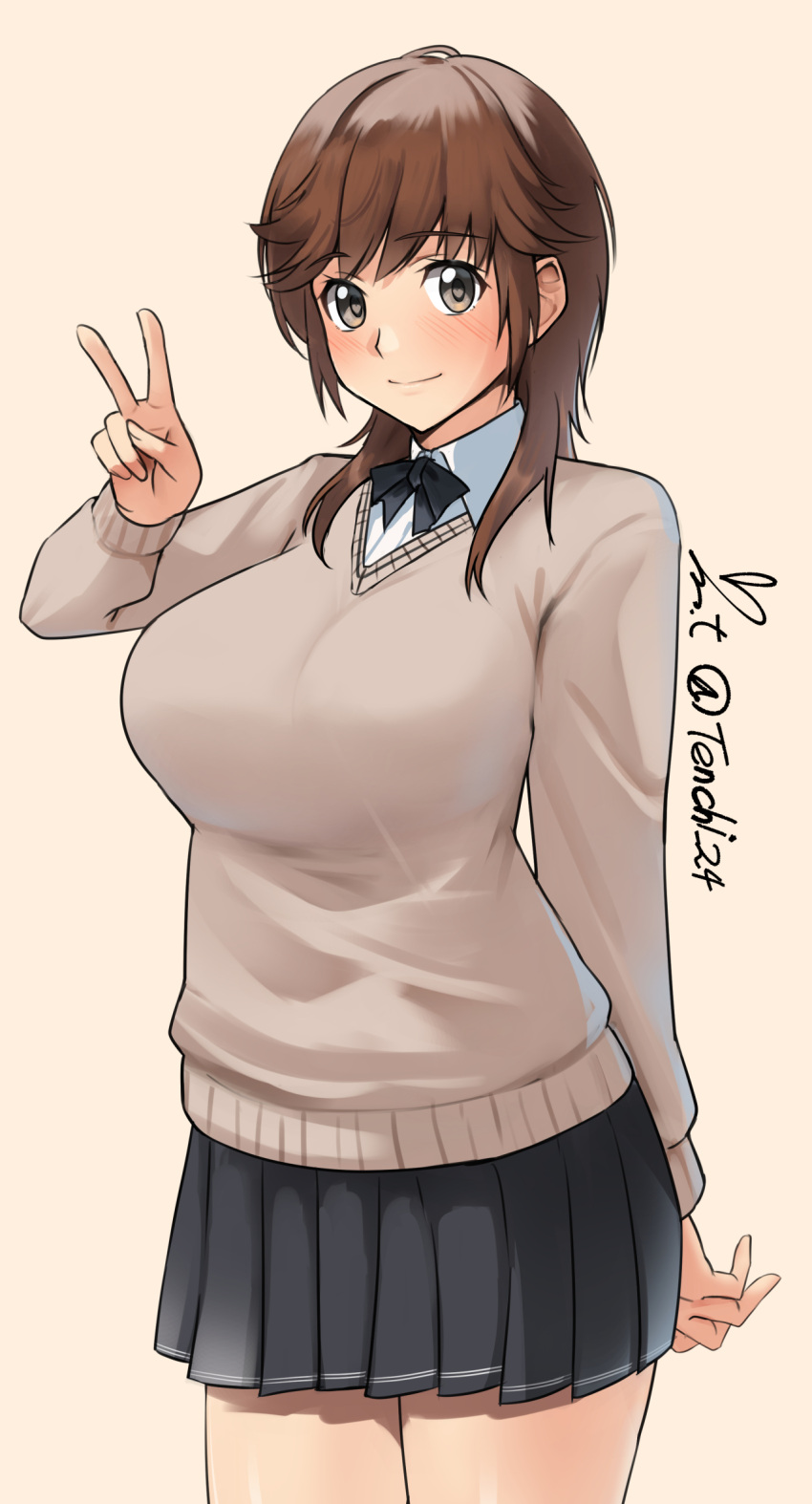 1girl, amagami, black_ribbon, black_skirt, breasts, brown_eyes, brown_hair, brown_sweater