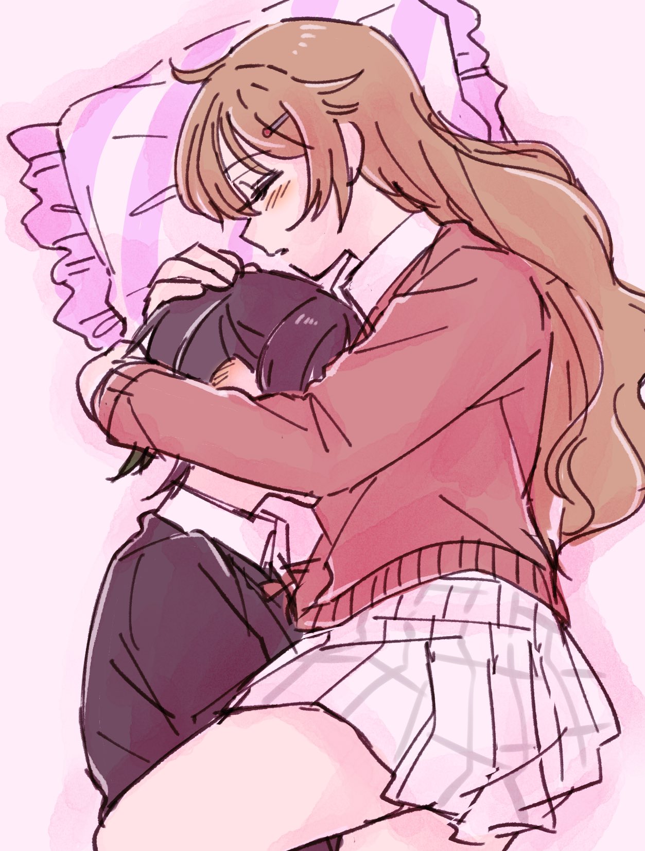 2girls, between_breasts, black_hair, blush, breasts, brown_hair, closed_eyes, commentary, ear_blush, frilled_pillow, frills, gradient_hair, hair_ornament, hairclip, hand_on_another's_head, head_between_breasts, head_hug, head_on_pillow, highres, konoe_kanata, long_hair, love_live!, love_live!_nijigasaki_high_school_idol_club, lying, medium_hair, multicolored_hair, multiple_girls, nijigasaki_academy_school_uniform, on_side, parted_lips, pillow, red_vest, school_uniform, sleeping, solllolll, takasaki_yuu, twintails, vest, wavy_hair, yuri