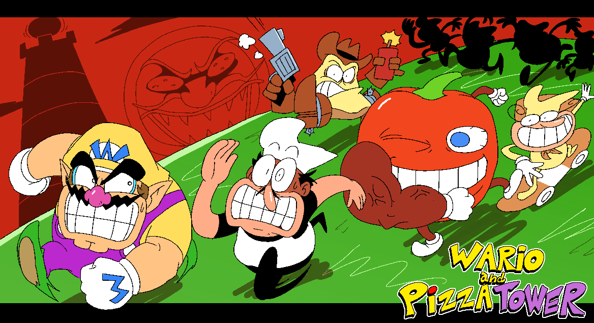 5boys, anger_vein, bell_pepper, black_hair, black_pants, black_shirt, blue_eyes, boots, brown_cape, brown_hair, brown_headwear, cabbie_hat, cape, chasing, chef_hat, clenched_teeth, commentary, copyright_name, cowboy_boots, cowboy_hat, crossover, dynamite, english_text, explosive, facial_hair, fleeing, food, gloves, grass, grin, gun, hat, heinzlike, large_arm, letterboxed, lit_fuse, looking_back, multiple_boys, muscular, muscular_male, mustache, one_eye_closed, overalls, pants, pepperman, peppino_spaghetti, pizza, pizza_tower, pizzaface, pointy_ears, purple_overalls, red_sky, revolver, running, sharp_teeth, shirt, short_hair, short_sleeves, silhouette, skateboard, skateboarding, sky, smile, smoke, smoking_gun, spurs, sweatdrop, teeth, the_noise, the_vigilante, tower, trait_connection, v-shaped_eyebrows, wario, wario_land, weapon, white_gloves, white_headwear, white_shirt, yellow_headwear, yellow_shirt