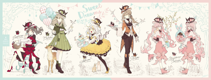 2girls, 6+girls, absurdres, akakura, animal, animal_ears, arm_up, artist_name, baggy_pants, balloon, bird, black_footwear, black_headwear, black_pantyhose, brown_hair, bug, butterfly, cake, chair, chocolate_cake, chokokeki_6_shimai, closed_mouth, cross-laced_footwear, curly_hair, deer, easter_egg, egg, english_text, expressionless, food, food-themed_clothes, green_eyes, green_headwear, green_skirt, green_socks, hair_ornament, heart, high_heels, high_ponytail, highres, holding, holding_balloon, holding_plate, light_brown_hair, long_hair, long_sleeves, looking_at_another, looking_at_viewer, low_ponytail, low_twintails, medium_hair, multicolored_hair, multiple_girls, open_mouth, orange_eyes, orange_headwear, orange_shirt, pants, pantyhose, pink_eyes, pink_footwear, pink_hair, plate, ponytail, rabbit, rabbit_ears, red_eyes, red_footwear, red_headwear, red_skirt, ribbon, shirt, shoes, short_hair, short_sleeves, siblings, simple_background, sisters, sitting, skirt, smile, socks, standing, standing_on_one_leg, striped, striped_pants, striped_pantyhose, striped_ribbon, turtleneck, twins, twintails, vertical-striped_pantyhose, vertical_stripes, white_hair, white_shirt, x_hair_ornament, yellow_eyes, yellow_footwear, yellow_headwear, yellow_skirt