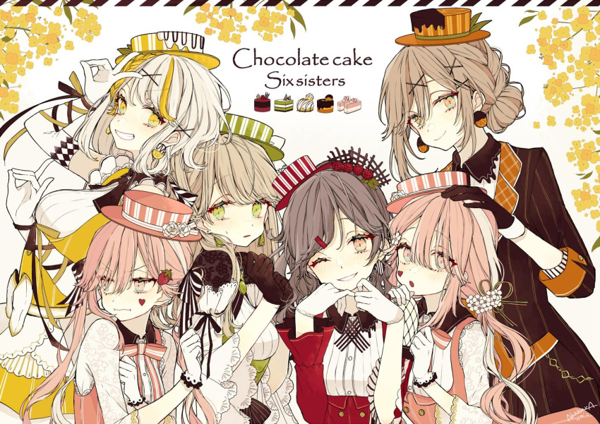 6+girls, akakura, annoyed, artist_name, black_gloves, brown_hair, cake, chestnut_mouth, chocolate_cake, chokokeki_6_shimai, closed_mouth, earrings, elbow_gloves, english_text, flower, food, food-themed_clothes, food-themed_earrings, gloves, green_eyes, green_headwear, heart, jewelry, lace, lace_gloves, light_brown_hair, looking_at_viewer, multicolored_hair, multiple_girls, one_eye_closed, open_mouth, orange_eyes, orange_headwear, pink_eyes, pink_hair, pink_headwear, red_eyes, red_headwear, siblings, sisters, smile, sweat, v, white_gloves, white_hair, yellow_eyes, yellow_flower, yellow_headwear