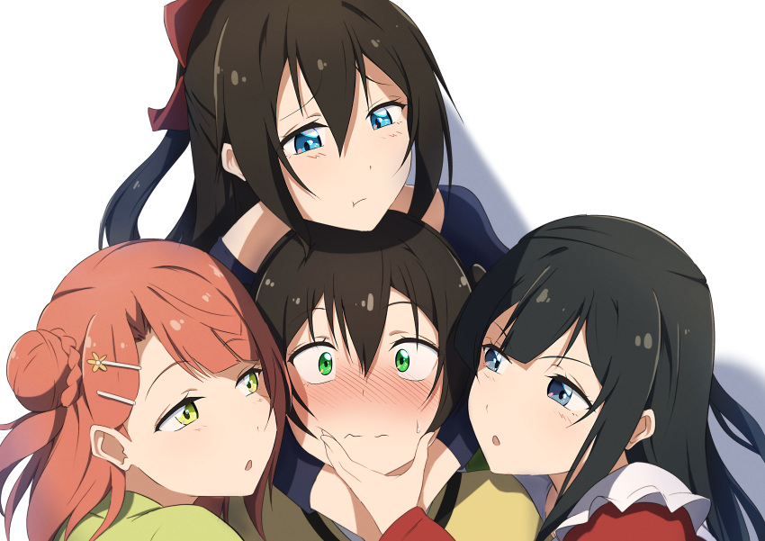 4girls, absurdres, arms_around_neck, azuna_(love_live!), black_hair, blue_eyes, blue_shirt, blunt_bangs