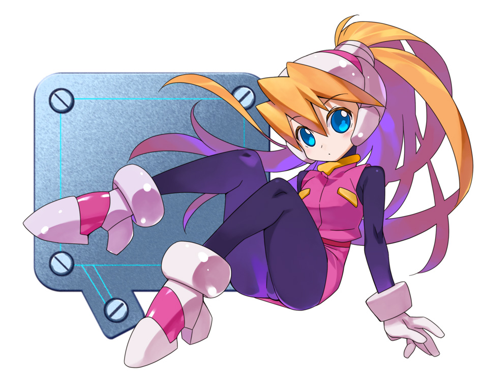 1girl, black_bodysuit, blonde_hair, blue_eyes, bodysuit, breasts, ciel_(mega_man), gloves