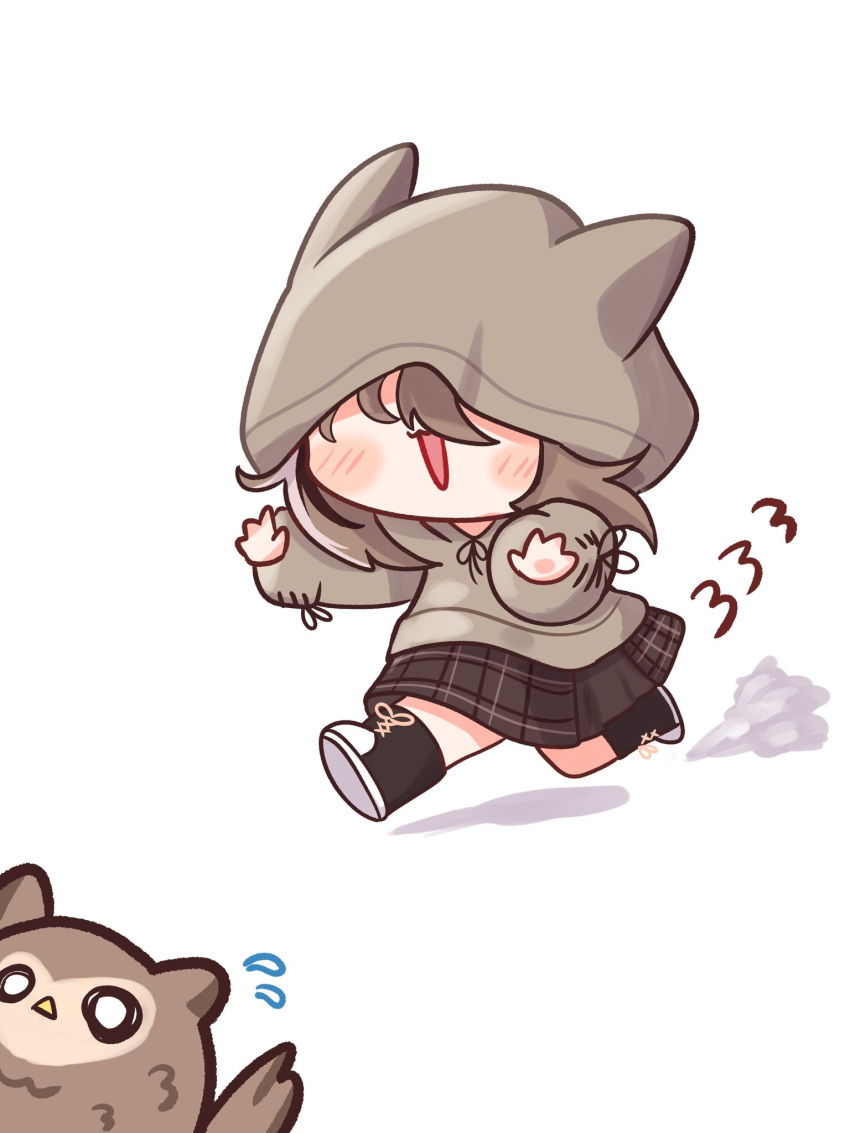 1girl, animal_hood, blush, brown_footwear, brown_hair, brown_hoodie, brown_skirt, chibi