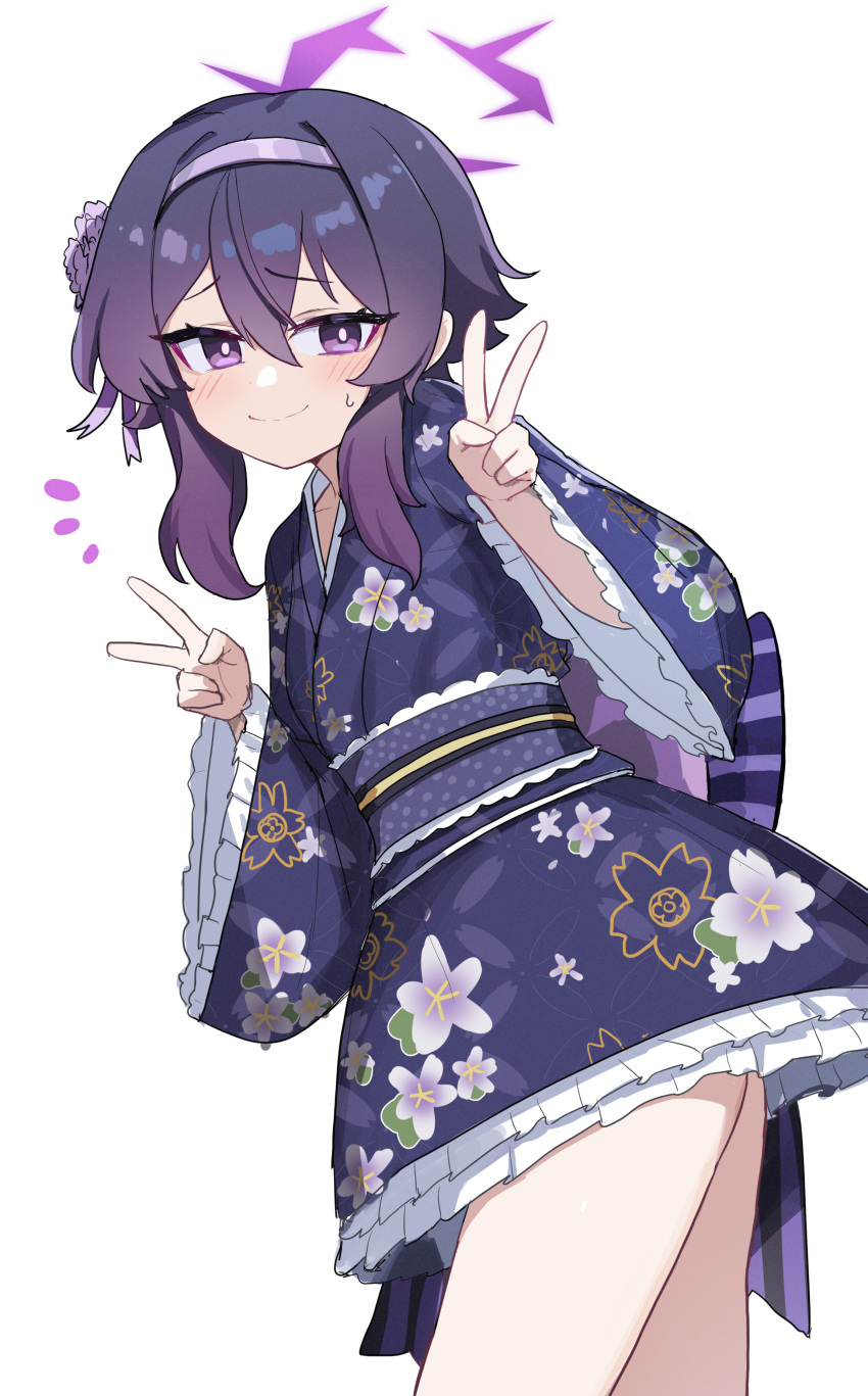 1girl, absurdres, blue_archive, blush, commentary_request, double_v, from_side, hair_between_eyes