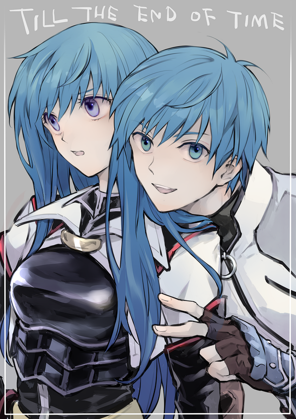 1boy, 1girl, blue_eyes, blue_hair, fayt_leingod, fingerless_gloves, gloves, grel_(r6hgvu5)