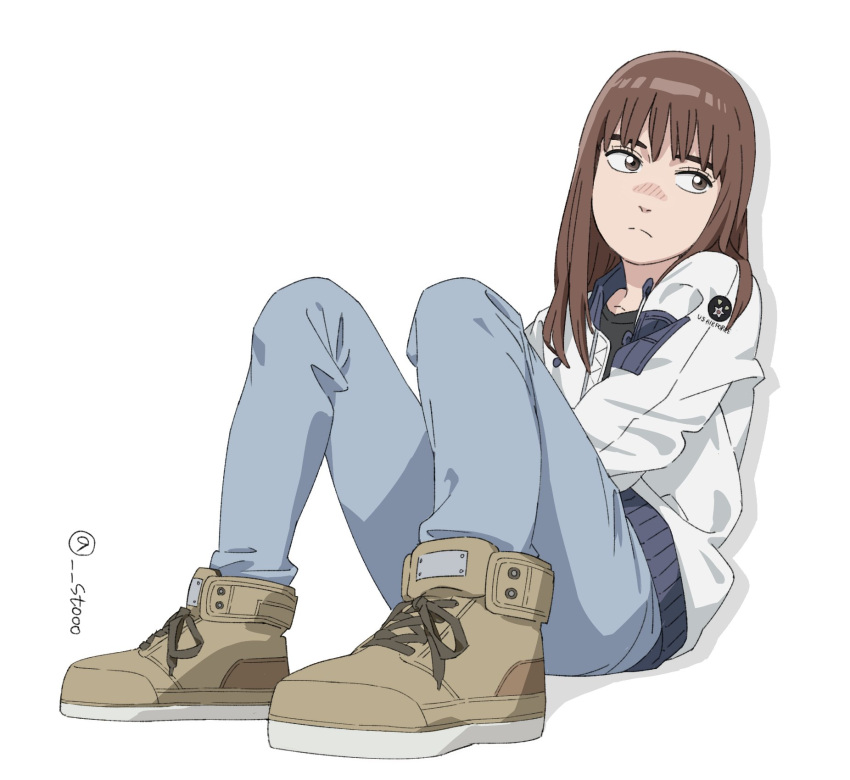 1girl, black_shirt, blue_pants, brown_eyes, brown_footwear, brown_hair, closed_mouth, cross-laced_footwear