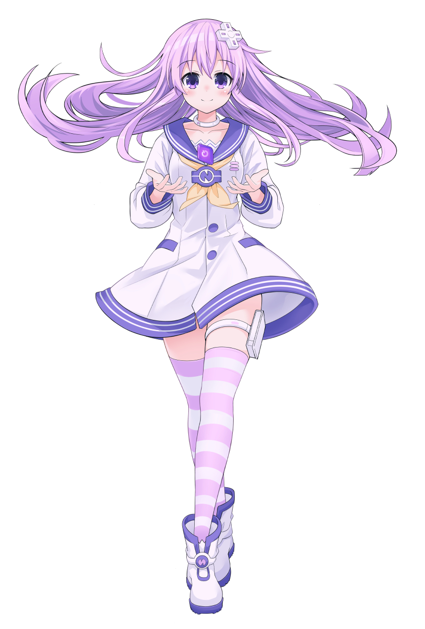 1girl, blush, breasts, choker, d-pad, d-pad_hair_ornament, full_body, giga-tera, hair_ornament, happy, highres, long_hair, long_legs, medium_breasts, nepgear, neptune_(series), purple_hair, smile, solo, striped, striped_thighhighs, thigh-highs, thigh_strap, very_long_hair, violet_eyes