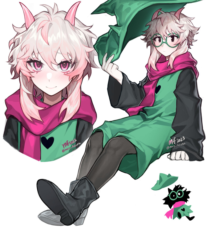 1boy, arm_support, black_footwear, black_panties, blush, closed_mouth, deltarune, goat_horns
