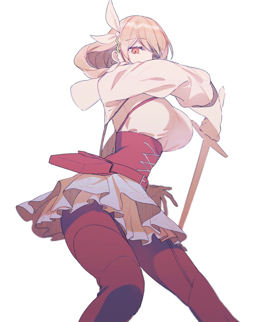 1girl, belt, belt_buckle, breasts, brown_hair, buckle, corset, fire_emblem, fire_emblem_engage, frilled_skirt, frills, goldmary_(fire_emblem), hair_ribbon, holding, holding_sword, holding_weapon, iwasinogomaae, large_breasts, long_sleeves, looking_at_viewer, pantyhose, red_eyes, ribbon, skirt, sword, weapon, white_background