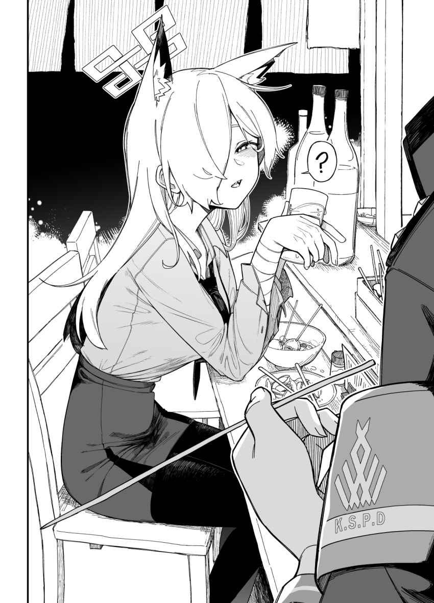 1girl, ?, a:n_(angrynum), animal_ears, bandaged_arm, bandages, black_pantyhose, blue_archive, bottle, chopsticks, collared_shirt, commentary, cup, dog_ears, female_pov, food_stand, greyscale, hair_over_one_eye, halo, high-waist_skirt, highres, holding, holding_chopsticks, holding_cup, kanna_(blue_archive), long_sleeves, loose_necktie, monochrome, narrowed_eyes, necktie, night, on_chair, open_mouth, outdoors, pantyhose, pencil_skirt, police, police_uniform, policewoman, pov, pov_hands, sharp_teeth, shirt, sitting, skirt, solo_focus, speech_bubble, spoken_question_mark, swept_bangs, symbol-only_commentary, teeth, uniform