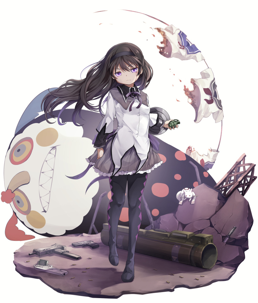 1girl, akemi_homura, argyle, argyle_legwear, black_footwear, black_hair, black_hairband, black_pantyhose