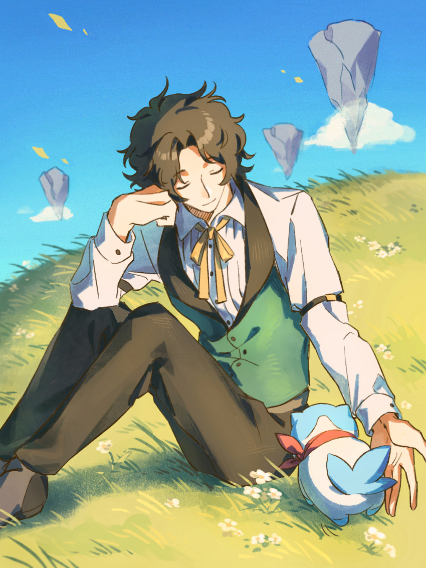 1boy, black_hair, buttons, closed_eyes, closed_mouth, fire_emblem, fire_emblem_engage, grass, hahahashagi, highres, long_sleeves, louis_(fire_emblem), on_grass, ribbon, shirt, short_hair, sitting, sky, solo, sommie_(fire_emblem), waistcoat, white_shirt