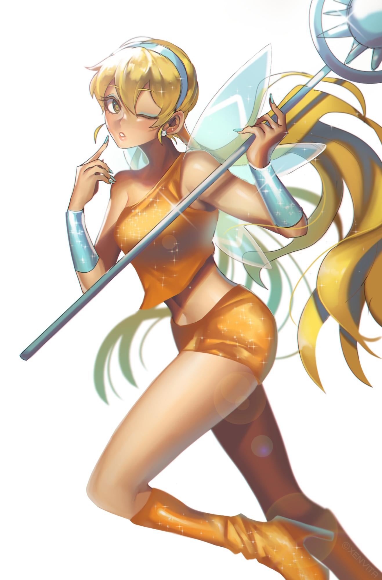 1girl, aqua_hairband, aqua_nails, aqua_wings, bare_shoulders, blonde_hair, breasts, brown_eyes