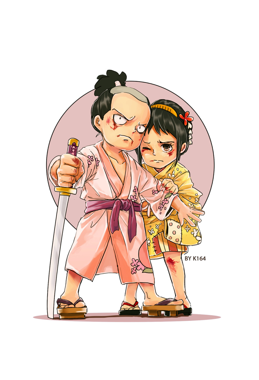 1boy, 1girl, artist_name, black_hair, blood, blood_on_face, closed_mouth, flower