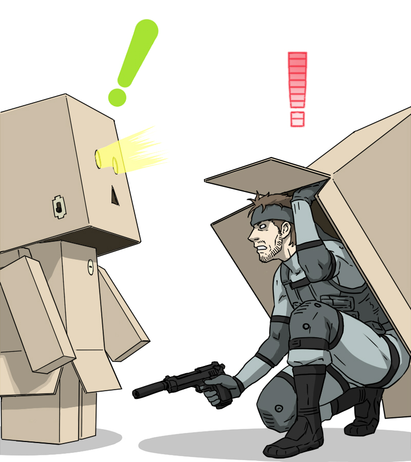 beretta_92, box, cardboard_box, crossover, danbo, gun, handgun, metal_gear_solid