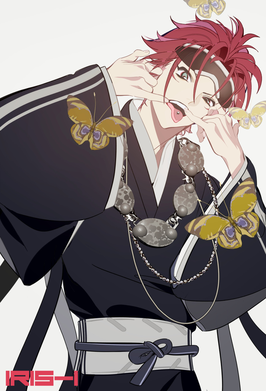 1boy, absurdres, black_kimono, bug, butterfly, eyewear_on_head, facial_mark, final_fantasy