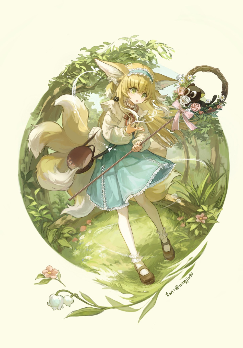1girl, animal_ear_fluff, animal_ears, ankle_socks, arknights, artist_name, bag, black_cat, blonde_hair, blue_hairband, blue_skirt, bobby_socks, bow, brown_bag, brown_footwear, cardigan, cat, chamomile, crossover, flower, fox_ears, fox_girl, fox_tail, frilled_hairband, frills, full_body, green_eyes, hair_ornament, hair_scrunchie, hairband, handbag, heixiu, high-waist_skirt, highres, holding, holding_staff, kitsune, kyuubi, lily_of_the_valley, long_hair, long_sleeves, luoxiaohei, mary_janes, multicolored_hair, multiple_tails, name_connection, nature, neck_ribbon, ningjiu_9, object_namesake, official_alternate_costume, on_shoulder, open_cardigan, open_clothes, pink_bow, pink_flower, pink_rose, puffy_long_sleeves, puffy_sleeves, red_ribbon, ribbon, rose, scrunchie, shirt, shoes, shoulder_bag, skirt, sleeve_cuffs, socks, solo, staff, stitches, suzuran_(arknights), suzuran_(spring_praise)_(arknights), tail, the_legend_of_luo_xiaohei, twitter_username, two-tone_hair, white_cardigan, white_flower, white_hair, white_rose, white_shirt, white_socks