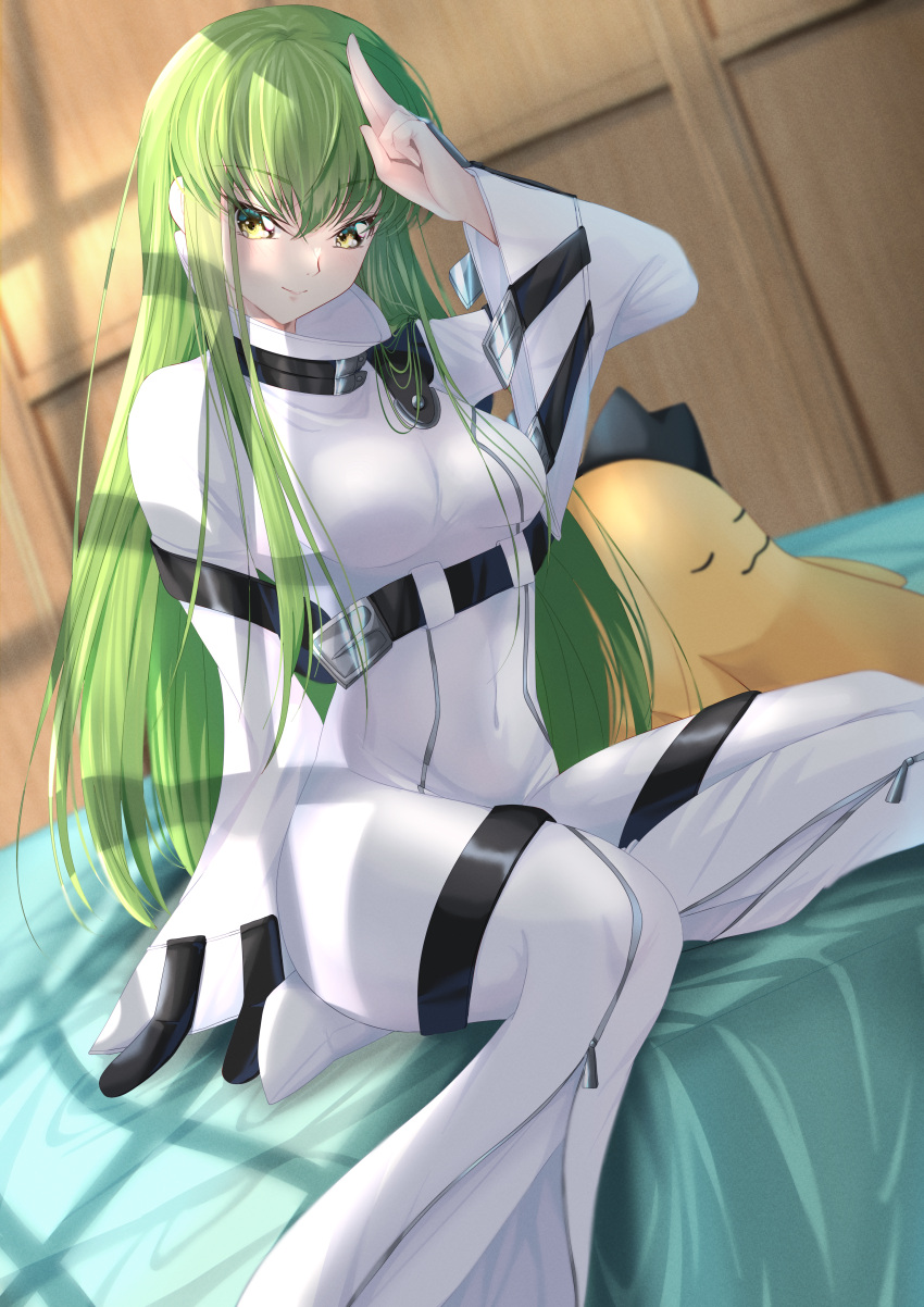 1girl, absurdres, arm_up, bed_sheet, breasts, budgiepon, c.c., cheese-kun