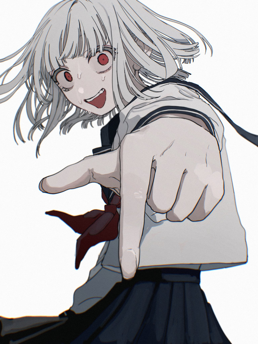 1girl, black_sailor_collar, black_skirt, chromatic_aberration, empty_eyes, film_grain, floating_hair, from_side, highres, long_sleeves, looking_at_viewer, looking_to_the_side, neckerchief, nervous_smile, open_mouth, original, outstretched_arm, pleated_skirt, pointing, pointing_down, red_eyes, red_neckerchief, sailor_collar, school_uniform, serafuku, shirt, short_hair, simple_background, skirt, smile, solo, suikaaisu, sweat, sweating_profusely, white_background, white_hair, white_shirt, wide-eyed