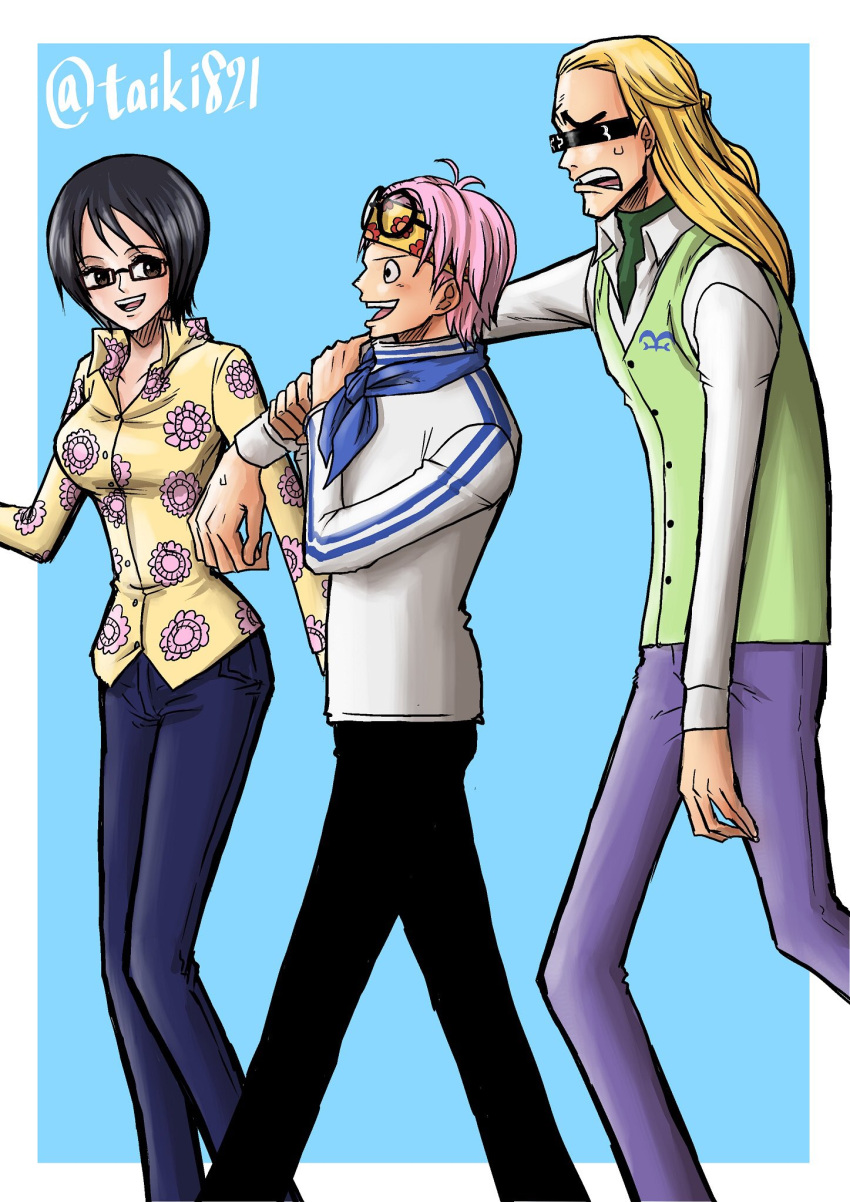 1girl, 2boys, artist_name, black_hair, glasses, helmeppo, highres, koby_(one_piece)