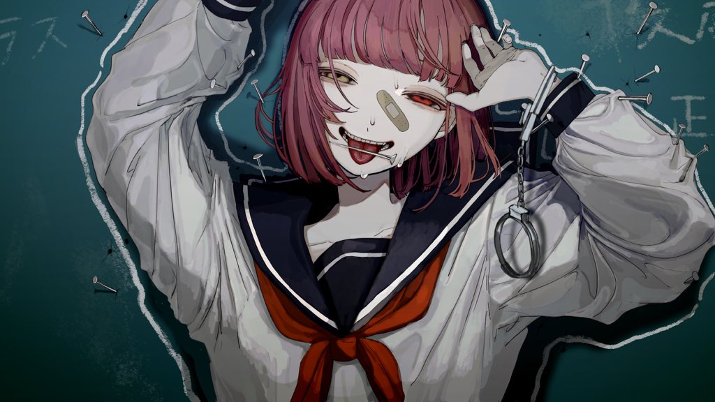 1girl, against_chalkboard, arms_up, bandaid, bandaid_on_face, black_sailor_collar, blunt_bangs, bob_cut