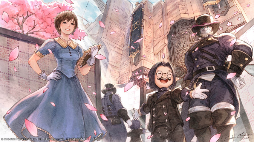 1girl, 4boys, ^_^, artist_name, belt, black_hair, black_headwear, black_jacket, black_pants, blue_dress, blue_jacket, blue_pants, book, boots, brown_eyes, brown_footwear, brown_hair, building, buttons, cherry_blossoms, closed_eyes, company_name, copyright, copyright_name, covered_face, double-breasted, dress, earrings, facial_hair, falling_petals, final_fantasy, final_fantasy_xiv, frilled_dress, frills, from_below, glasses, gloves, hand_on_own_hip, hat, hatching_(texture), highres, holding, holding_book, hyur, jacket, jewelry, knee_boots, lace-trimmed_dress, lace_trim, lalafell, light_rays, long_sleeves, looking_afar, looking_ahead, mask, multiple_boys, mustache, necklace, official_art, okamoto_koudai, open_mouth, outdoors, outstretched_arms, pants, petals, round_eyewear, short_hair, signature, single_earring, smile, spread_arms, spring_(season), standing, sunlight, top_hat, tree, white_gloves