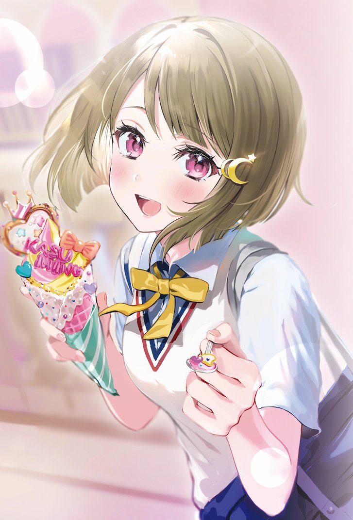 1girl, bag, blurry, blurry_background, blush, bobbles, bow, bowtie