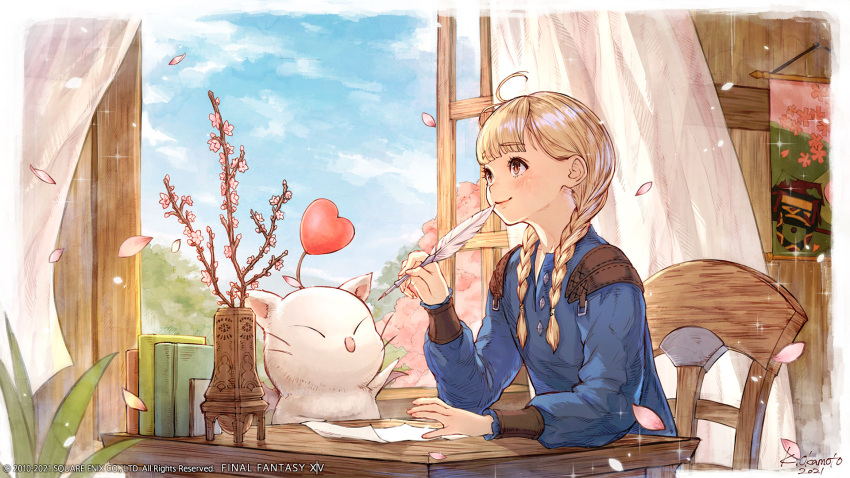 1girl, antenna_hair, artist_name, blonde_hair, blue_jacket, blue_sky, blunt_bangs, book, border, braid, branch, brown_eyes, cherry_blossoms, child, closed_eyes, clouds, company_name, copyright, copyright_name, creature, curtains, day, elbow_rest, falling_petals, female_child, final_fantasy, final_fantasy_xiv, from_side, hanging_scroll, highres, holding, holding_quill, hyur, indoors, jacket, leaf, long_hair, long_sleeves, looking_afar, looking_up, moogle, official_art, okamoto_koudai, on_chair, open_window, paper, petals, quill, scroll, signature, sitting, sky, smile, sparkle, spring_(season), table, tree, twin_braids, upper_body, whiskers, white_border, wind, window, wooden_chair, wooden_table, wooden_wall