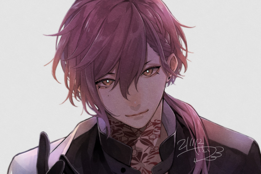 1boy, black_gloves, black_jacket, braid, brown_eyes, closed_mouth, earrings, eyelashes
