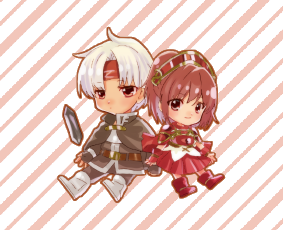 1boy, 1girl, armor, black_cape, blush, brown_hair, cape, chibi, doppelganger_arle, doppelganger_schezo, full_body, higurashi_73, looking_at_viewer, lowres, madou_monogatari, puyopuyo, red_eyes, red_skirt, short_hair, shoulder_armor, skirt, white_hair