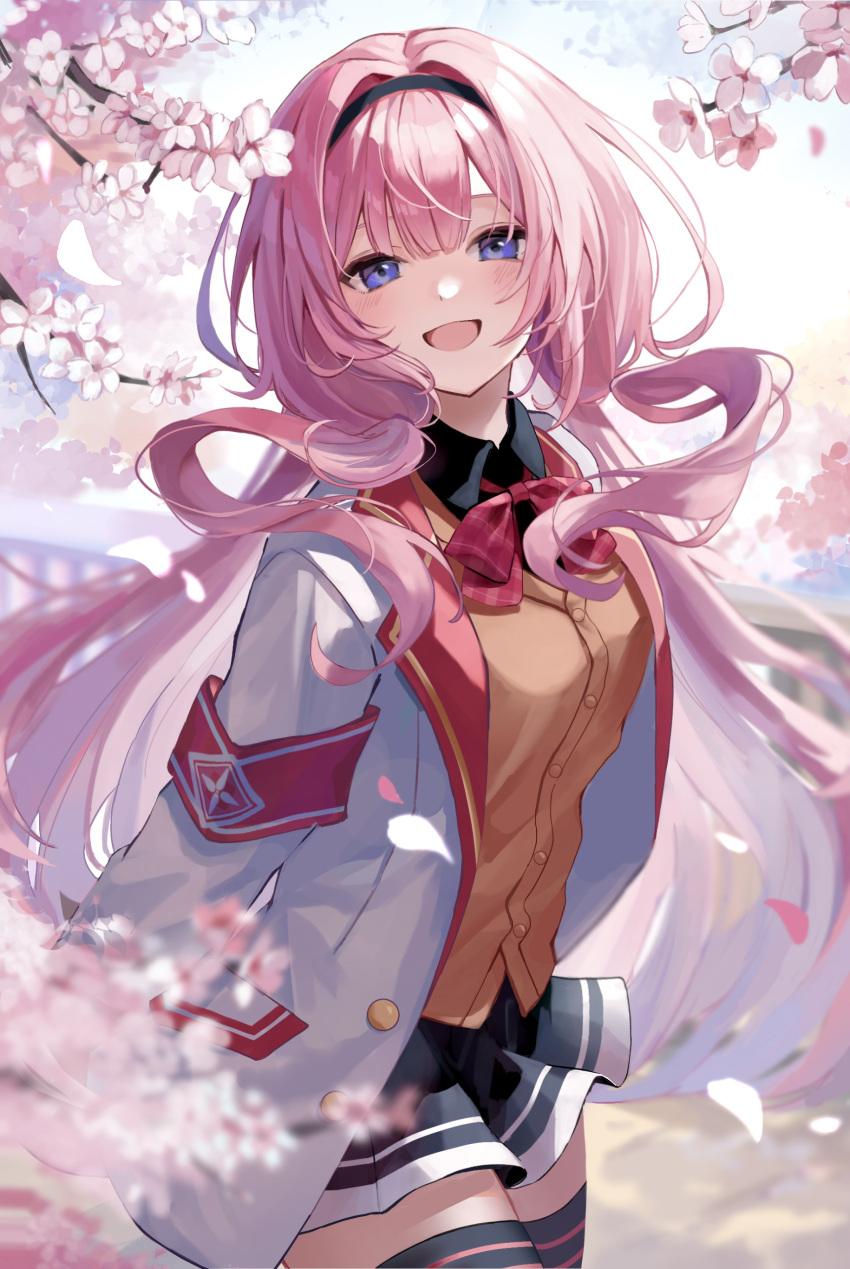 1girl, absurdres, armband, black_hairband, black_shirt, black_skirt, black_thighhighs, blush, bow, bowtie, brown_vest, cherry_blossoms, collared_shirt, dress_shirt, hairband, highres, jacket, long_hair, long_sleeves, looking_at_viewer, low_twintails, miniskirt, nijisanji, open_mouth, oumiomi, outdoors, pink_hair, pleated_skirt, red_bow, red_bowtie, school_uniform, selene_girls_school_uniform, shirt, skirt, smile, solo, suo_sango, thigh-highs, twintails, very_long_hair, vest, violet_eyes, virtual_youtuber, white_jacket, wind, wing_collar, zettai_ryouiki