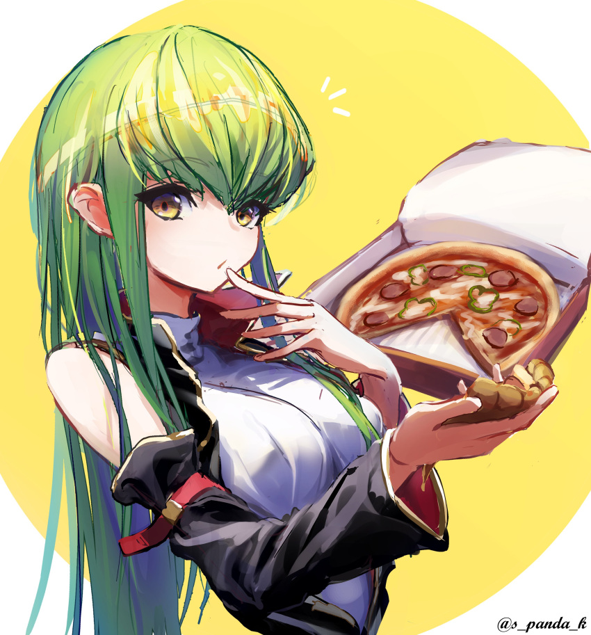 1girl, absurdres, breasts, c.c., code_geass, commentary_request, detached_sleeves, food, green_hair, highres, holding, holding_food, holding_pizza, large_breasts, long_hair, looking_at_viewer, pizza, pizza_box, pizza_slice, s_panda_k, simple_background, sleeveless, sleeveless_turtleneck, solo, turtleneck, yellow_eyes