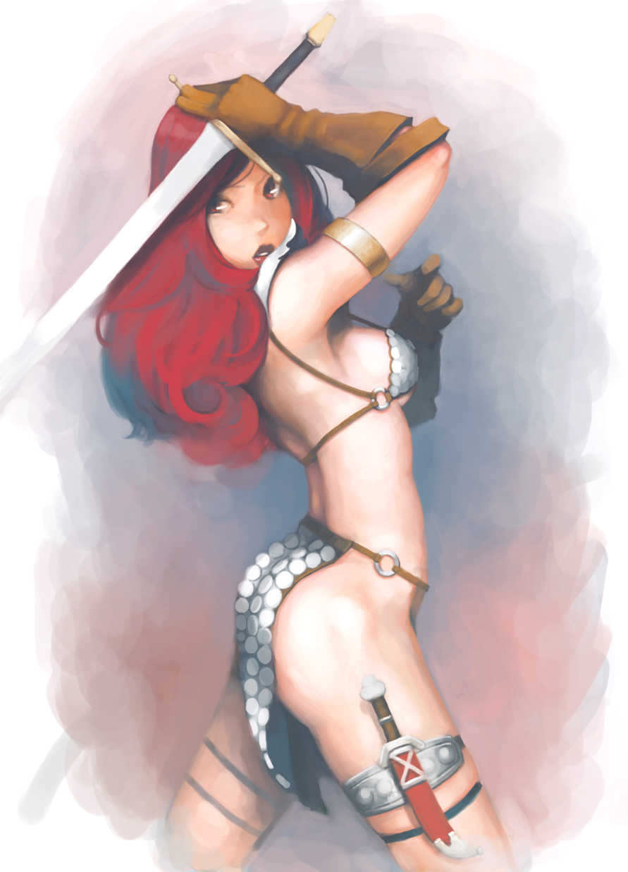 armor, ataruman, bikini_armor, breasts, dagger, gloves, highres, long_hair