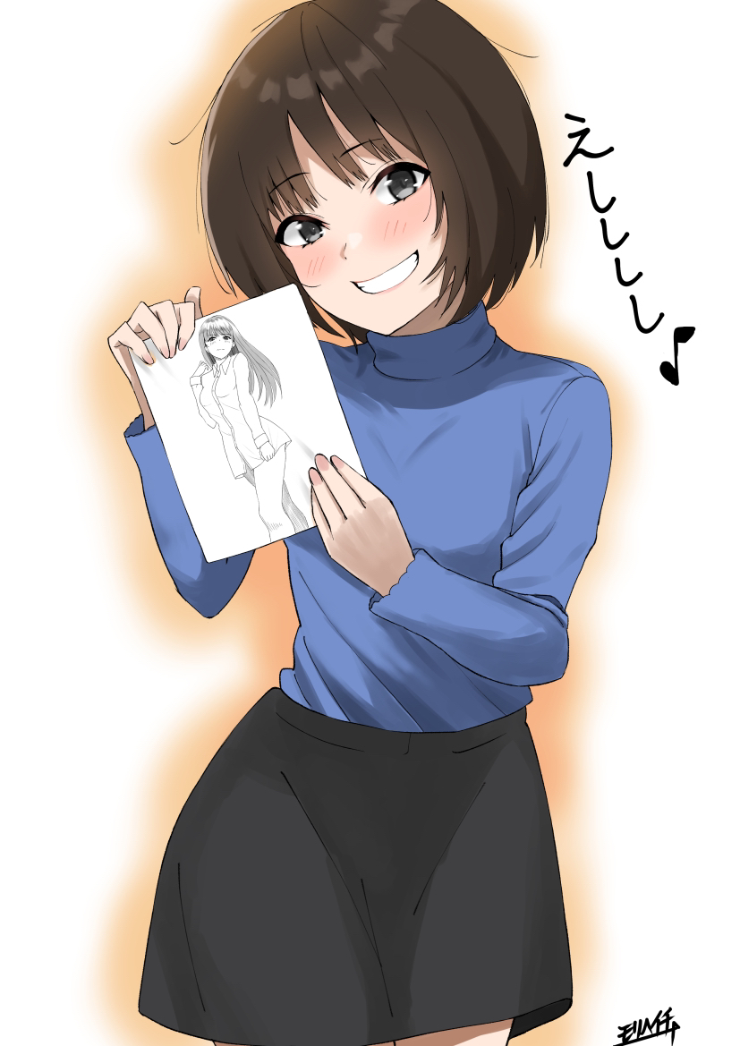 1girl, :d, amagami, artist_name, ayatsuji_tsukasa, black_eyes, black_skirt, blue_shirt