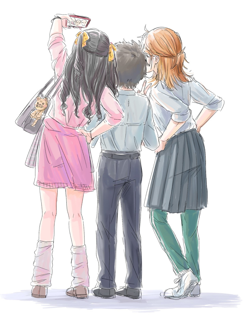 1boy, 2girls, aged_up, alternate_costume, bag, beat_shooter_(idolmaster), black_hair, cardigan