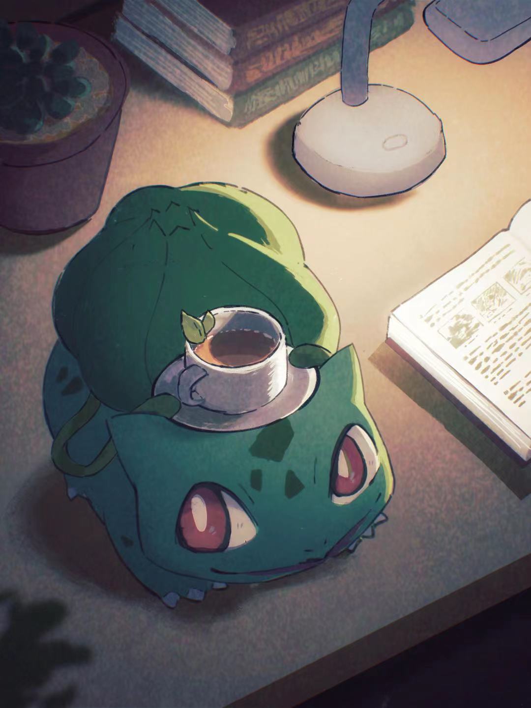 arc_draws, book, bright_pupils, bulbasaur, claws, commentary_request, cup, desk, desk_lamp, from_above, highres, indoors, lamp, mint, no_humans, plant, pokemon, pokemon_(creature), red_eyes, saucer, solo, teacup, vines, white_pupils