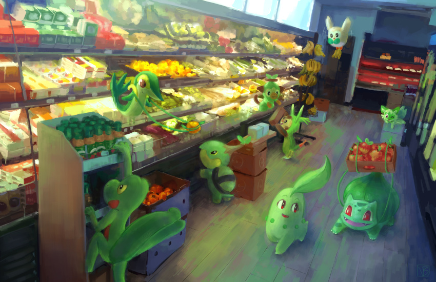+++, :d, absurdres, applin, banana, bright_pupils, bulbasaur, chespin