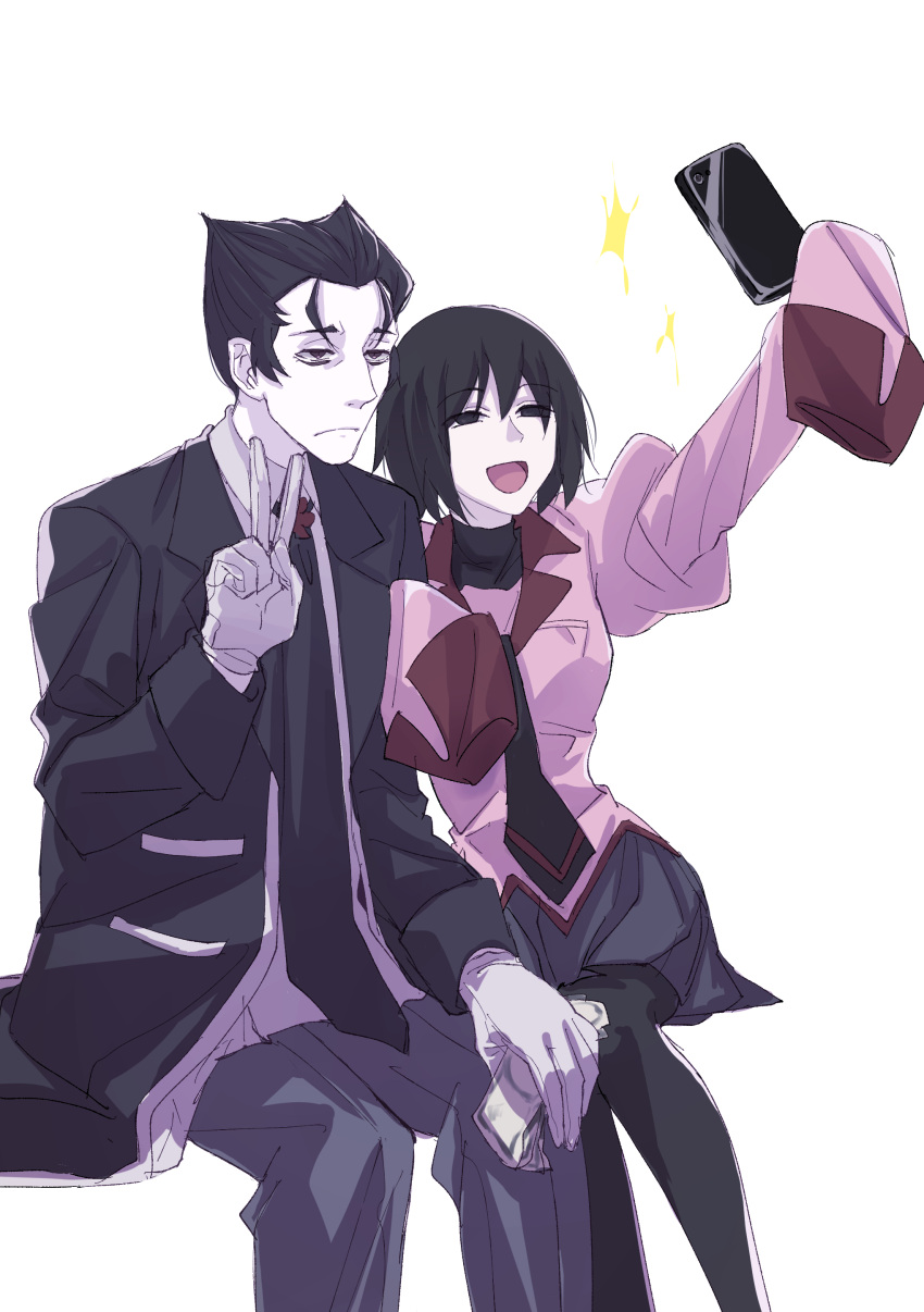 1boy, 1girl, :d, absurdres, age_difference, black_eyes, black_hair, black_jacket