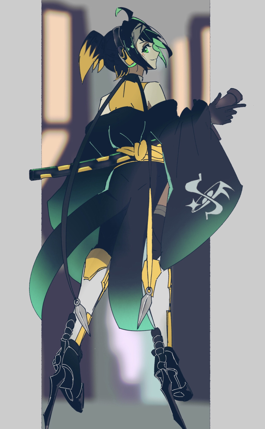 1girl, black_hair, blonde_hair, duel_monster, forehead_protector, from_behind, full_body, gloves