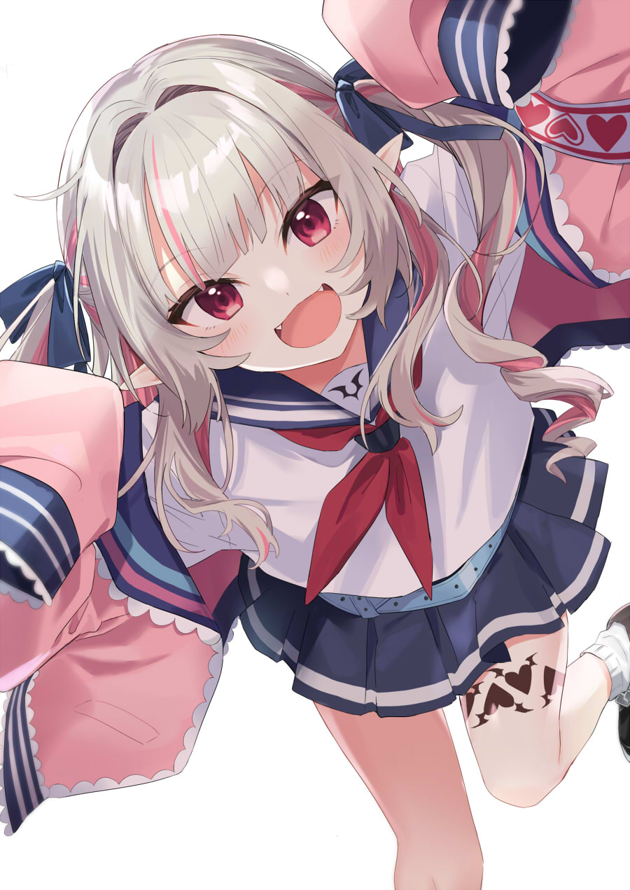 1girl, ankle_socks, aqua_belt, arms_up, black_footwear, blue_bow, blue_sailor_collar, blue_skirt