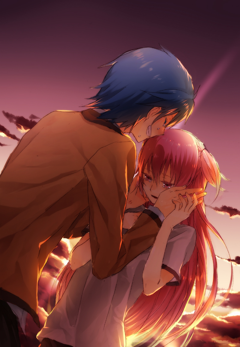 1girl, abaraya, angel_beats!, couple, grin, highres, hinata_(angel_beats!), manly_tears