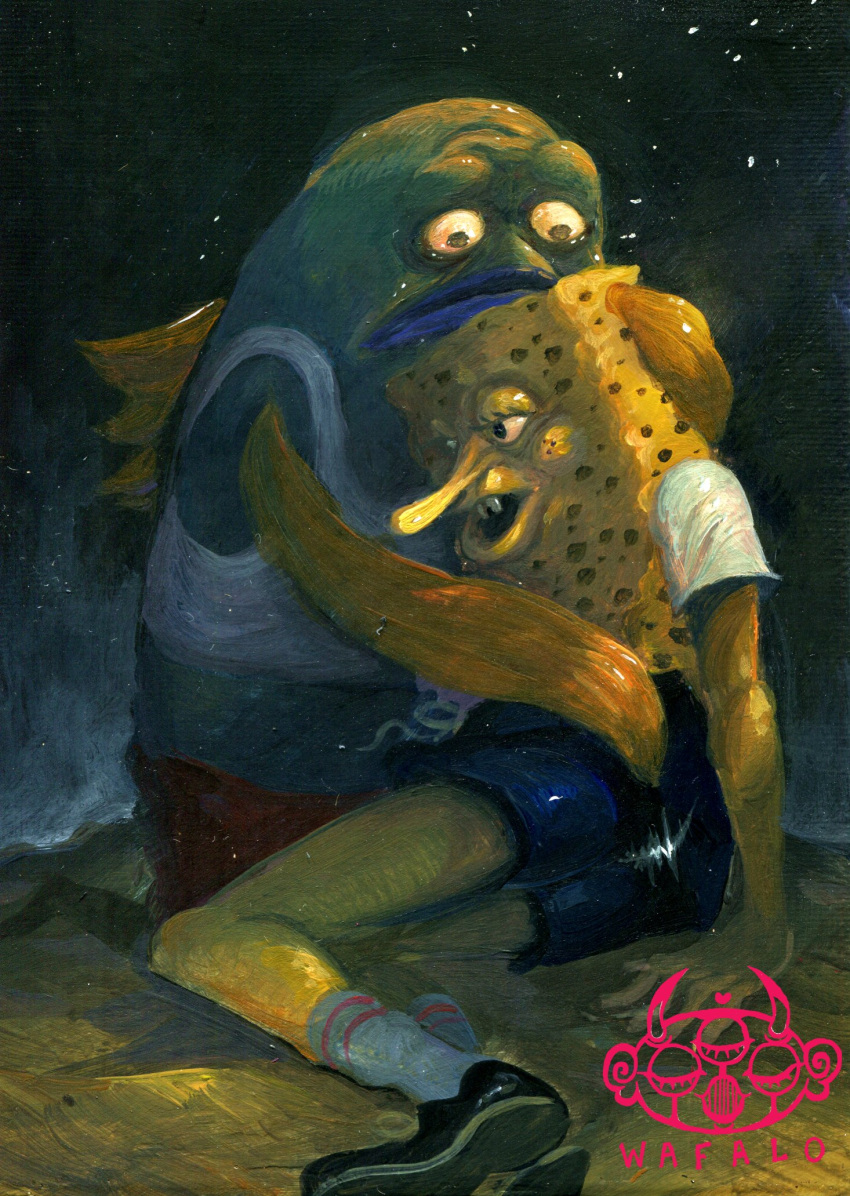 2boys, acrylic_paint_(medium), artist_name, black_shorts, buck_teeth, character_request, colored_skin, english_text