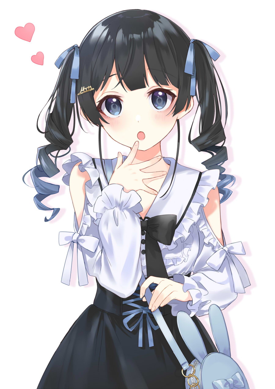 1girl, animal_ears, bag, black_bow, black_bowtie, black_hair, black_skirt, blue_bow, blue_eyes, bow, bowtie, clothing_cutout, cross-laced_clothes, cross-laced_skirt, drill_hair, fake_animal_ears, frilled_shirt_collar, frilled_sleeves, frills, hair_bow, hair_ornament, hairpin, hand_up, heart, high-waist_skirt, highres, long_hair, long_sleeves, nifu, nijisanji, sailor_collar, shoulder_bag, shoulder_cutout, simple_background, skirt, solo, tsukino_mito, twin_drills, virtual_youtuber, white_background, white_sailor_collar, white_shrug